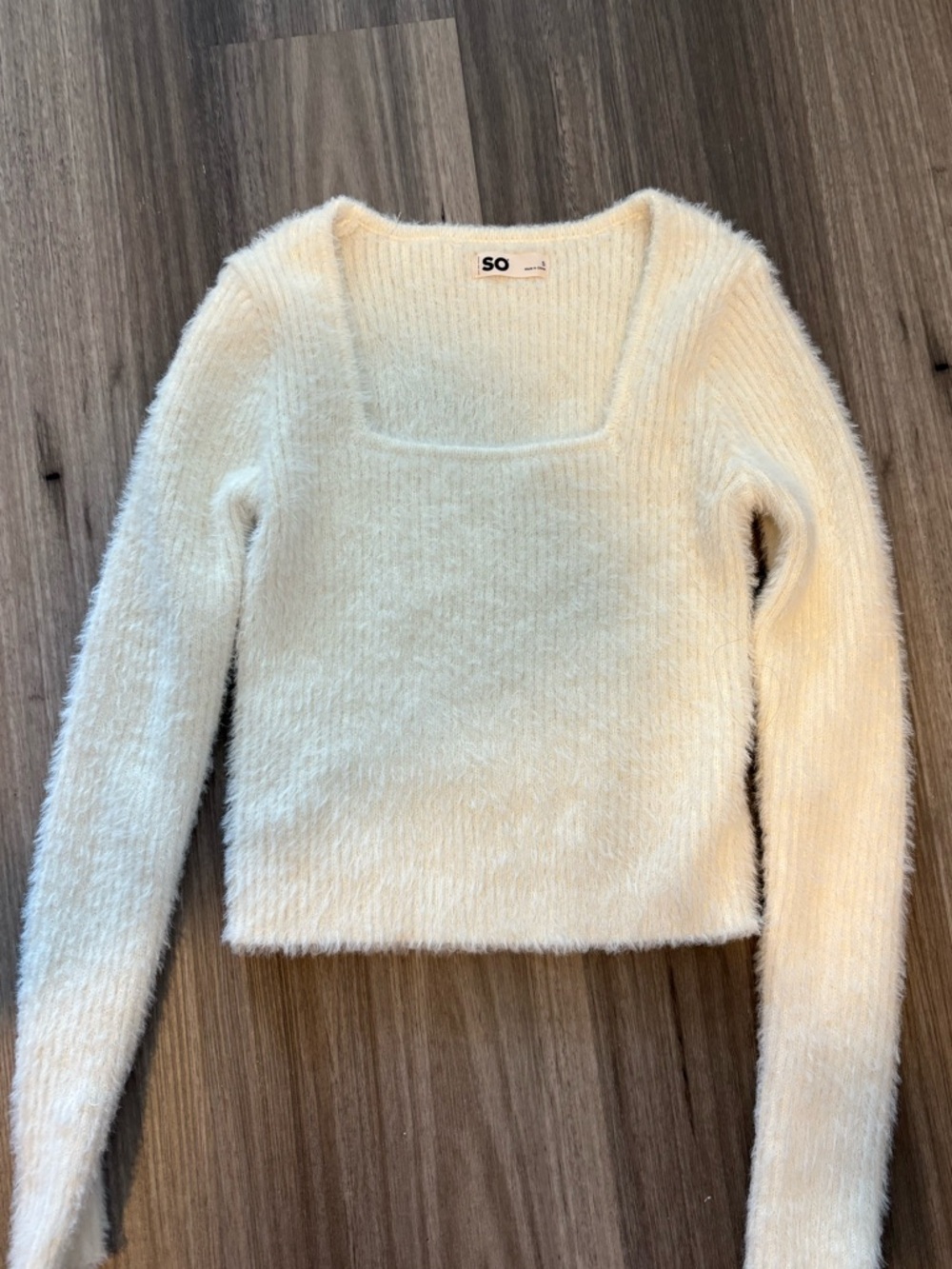 SO Cream Fuzzy Square-Neck Long-Sleeve Sweater